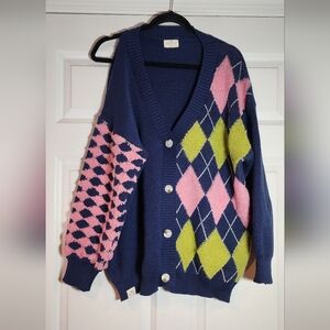 Simply Southern Colorful Argyle Button Up Cardigan Sweater Has Tear In Sleeve L